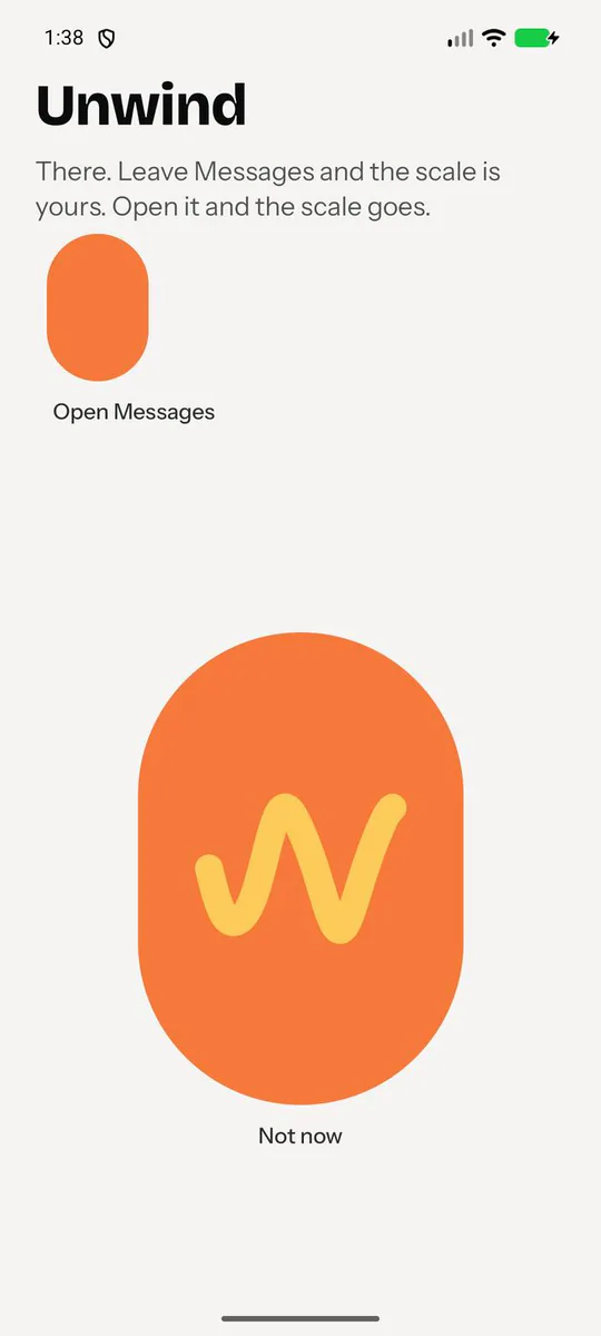 The question after a trace: leave the app and the scale
                  is yours, open it and the scale goes. A small button opens
                  the app, above a large orange scale marked Not now.